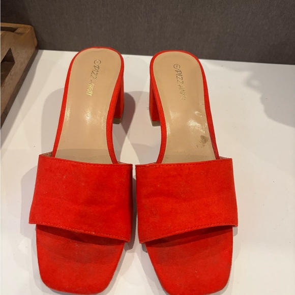 Shoes - Red Suede Sandals with Block Heel